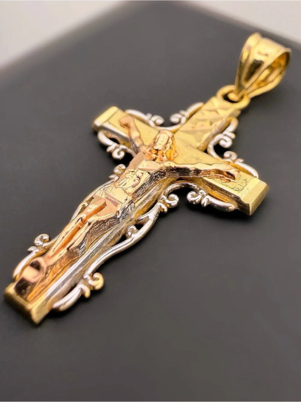 14k Solid Yellow Rose White Gold Three Tone Cross Diamond Cut Religious Charm Pe